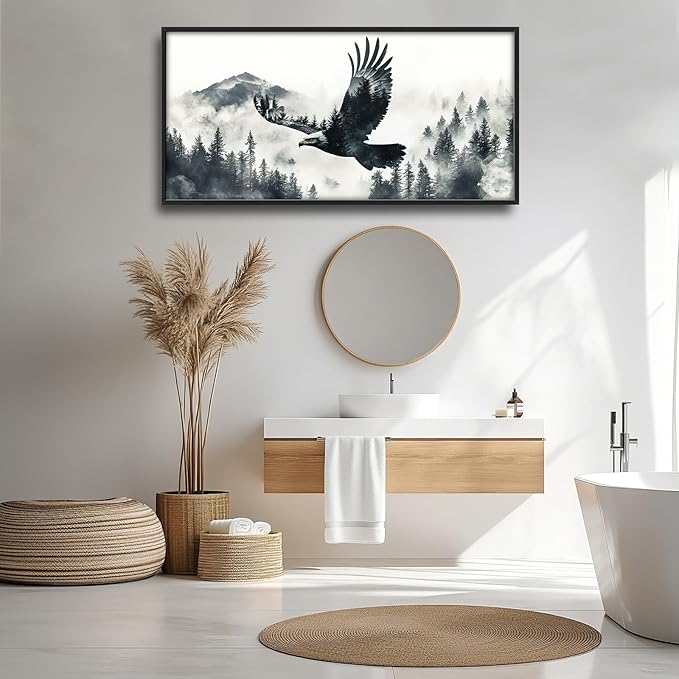 Framed Large Wall Art for Living Room, Flying Bald Eagle Canvas Wall Decor, Large Mountain Forest Pictures Framed Painting, Natural Landscape Artwork for Bedroom Office Home Decor 60L'' × 30W''