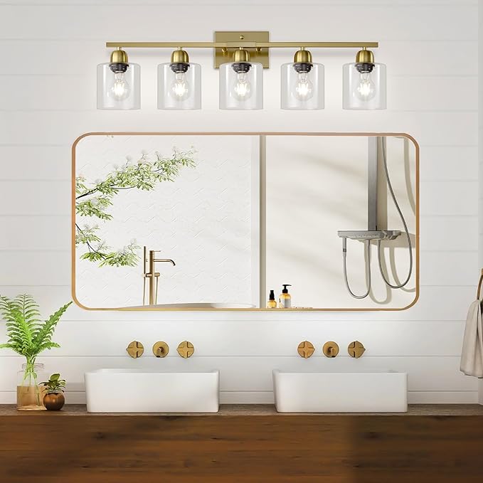 5 Light Brushed Gold Bathroom Light Fixtures, Gold Bathroom Light with Clear Glass, 30 inch Wall Sconce for Mirror Living Room Bedroom Hallway E26 Base