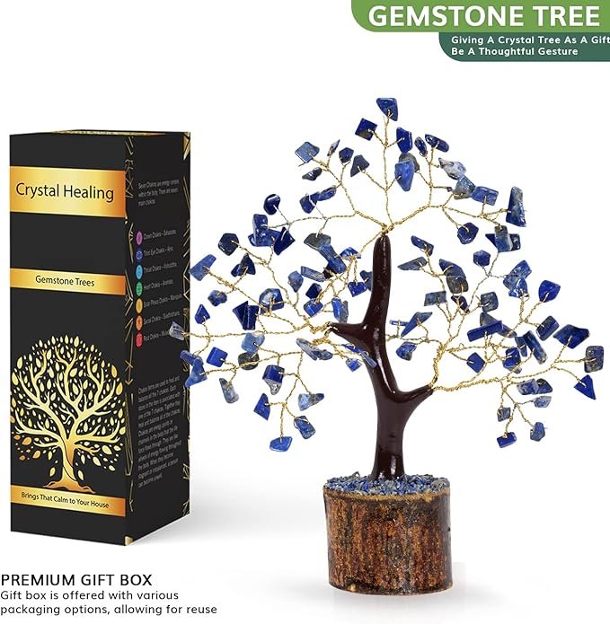 NARIBABU Lapis Lazuli Crystal Tree (7–8 Inch, 100 Chips) – Handmade Gemstone Tree with Raw Stones & Golden Wire – Birthday Gifts for Women, Gift for Her, Spiritual Decor, Office Desk