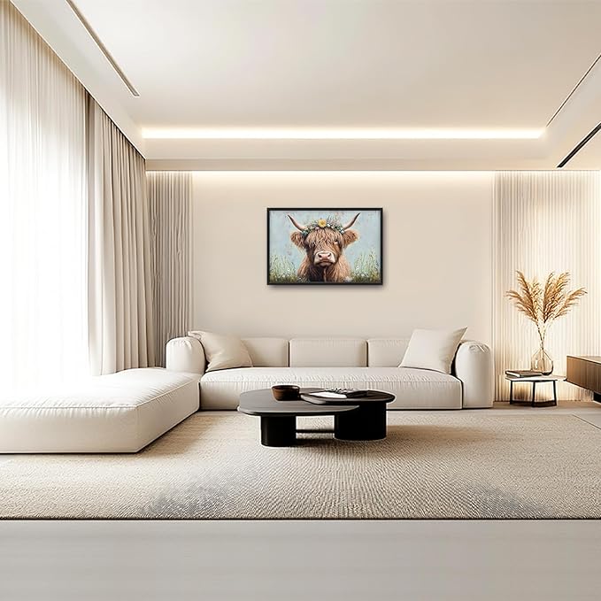 Highland Cow Framed Wall Art for Living Room, Large Cow Canvas Wall Decor, Animal Pictures Painting, Modern Artwork for Bathroom Bedroom Office 36L'' × 24W''