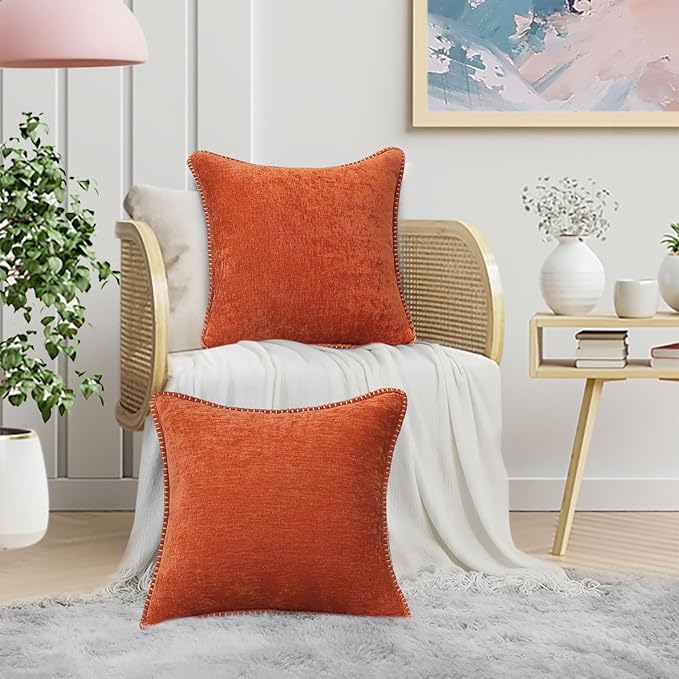decorUhome Fall Chenille Soft Throw Pillow Covers 16x16 Set of 2, Farmhouse Velvet Neutral Decorative Euro Pillow Covers with Stitched Edge for Couch Sofa Bed Home Decor, Rust