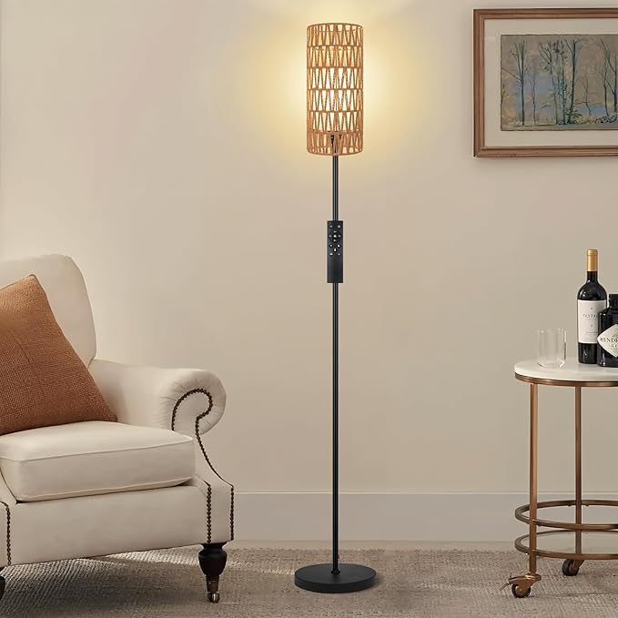 Floor Lamp for Living Room,Farmhouse Rattan Floor lamp,Modern Standing lamp with Dimmer LED Bulb,Black Tall Lamp with Remote Control