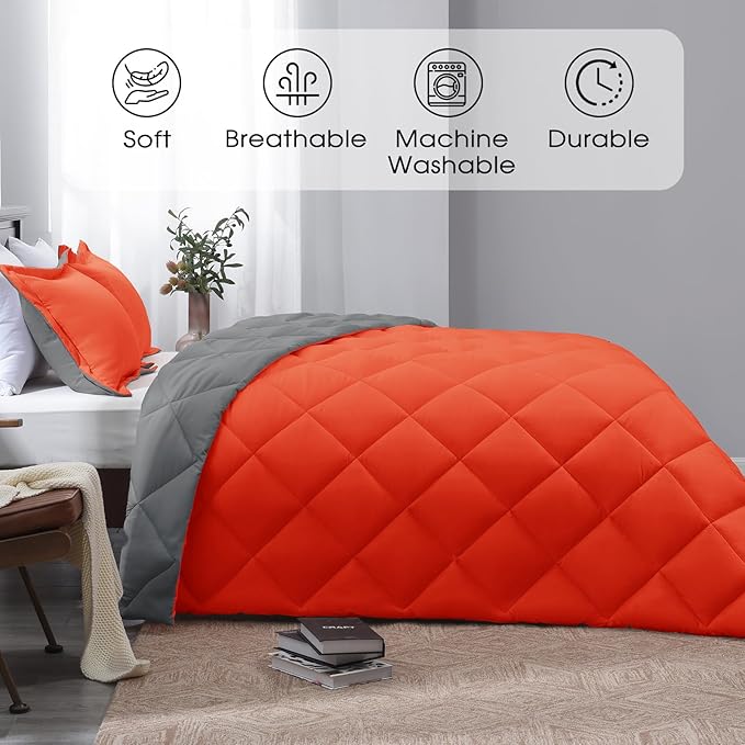 Basic Beyond King Size Comforter Set - Orange Reversible King Bed Comforter Set for All Seasons, Flame/Charcoal Gray, 1 Comforter (104"x92") and 2 Pillow Shams (20"x36"+2")