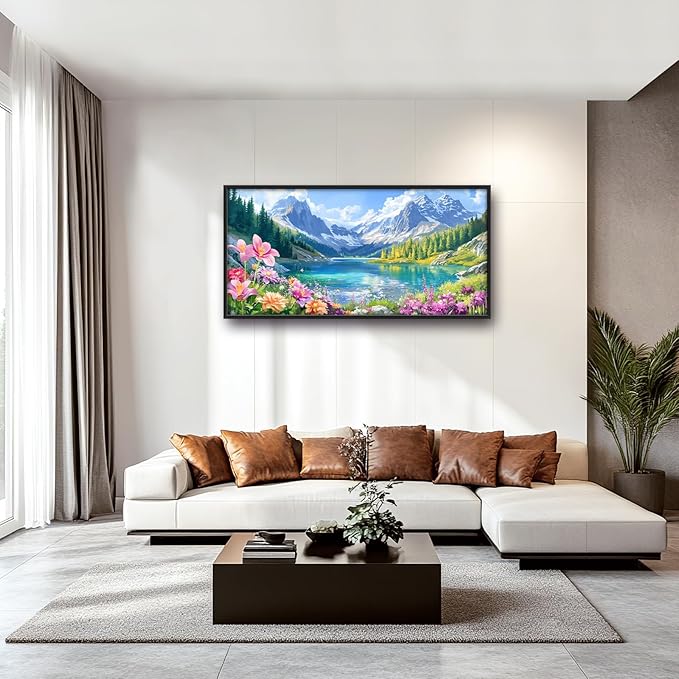 Extra Large Framed Mountain Lake Wall Art,Colorful Wild Flower Wall Decor,Mountain Forest Landscape Pictures for Living Room,Canvas Print Painting Modern Artwork Bedroom Office Bathroom 60L x30W