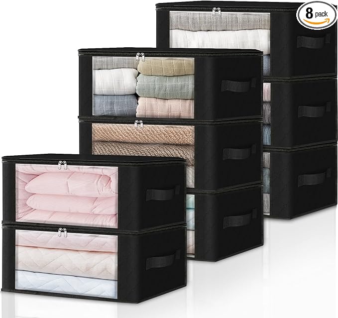 HomeHacks Storage 8-Pack Clothes Organizer Storage Bags Foldable Storage Box with Large Clear Window Sturdy Handles for Closet, Dorm, Pillows, Bedding, Clothes, Blankets, 35L, Black