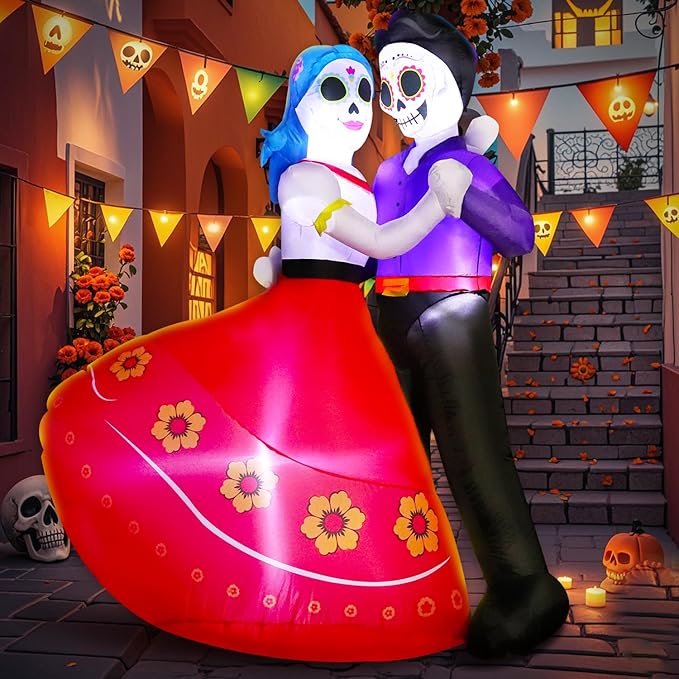 DomKom Halloween Inflatable Blow Up Decorations, Dia de Los Muertos 6FT Day of Dead Catrina Sugar Skull Couple Dancing, Built-in LEDs for Holiday Party, Garden, Lawn, Yard, Patio Décor