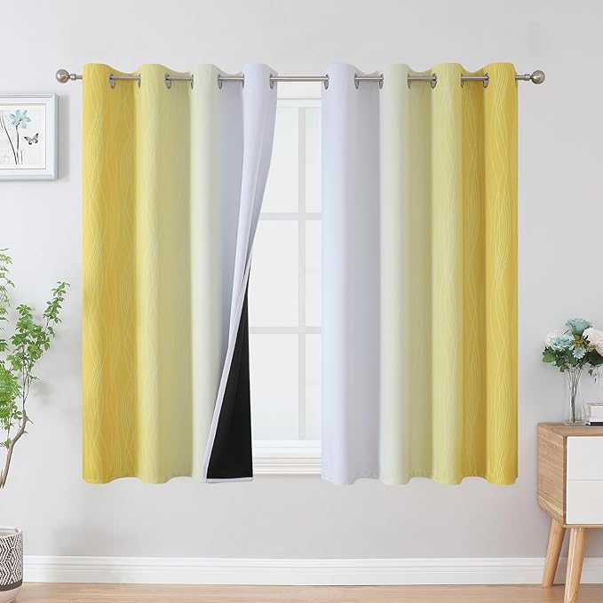 Estelar Textiler Yellow and Greyish White Blackout Curtains 45 Inch Length, Light Blocking Gradient Drapes for Kitchen, Thermal Insulated Grommet Ombre Curtains for Bathroom,52Wx45L,2 Panels