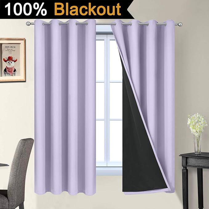 Yakamok 2 Thick Layers Completely Blackout Window Treatment Thermal Insulated Drapes for Girl's Bedroom(52Wx63L, Lilac, 2 Panels)