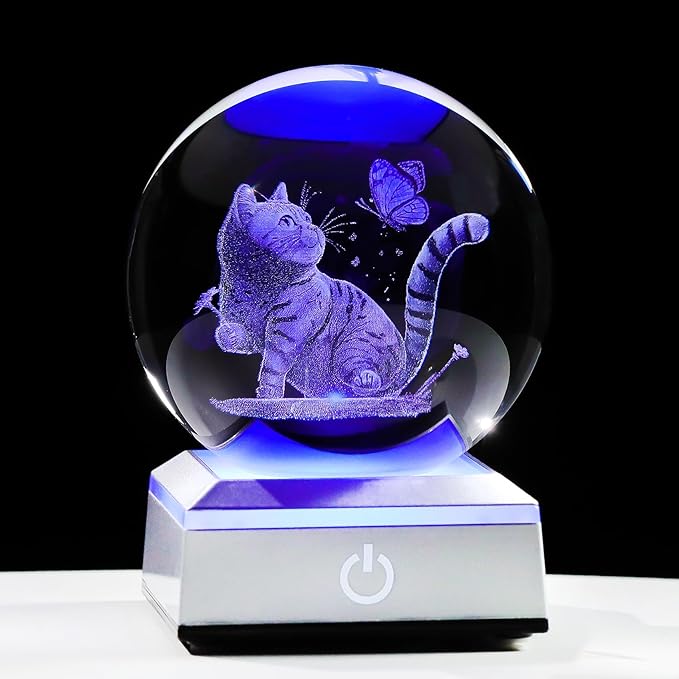 3D Cat Themed Gifts for Women, Mom - 3.15in Crystal Ball Engraved Cat Butterflies with LED Light Base - Mother's Day Birthday Cat Night Light Figurine for Home Decor