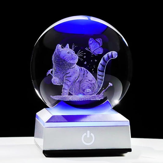 3D Cat Themed Gifts for Women, Mom - 3.15in Crystal Ball Engraved Cat Butterflies with LED Light Base - Mother's Day Birthday Cat Night Light Figurine for Home Decor