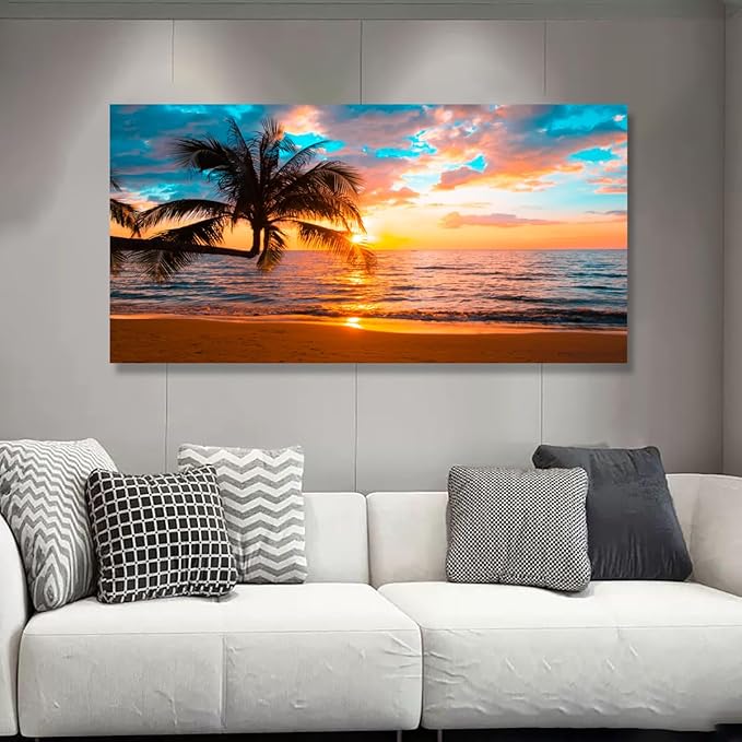 Beach Sunset Pictures Canvas Wall Art For Living Room Bedroom Wall Decor,Sunset Wall Art Print Paitnings For Home Decor,Morden Artwork Palm Cloud Canvas Art Waterproof Ready To Hang-28x57 Inches