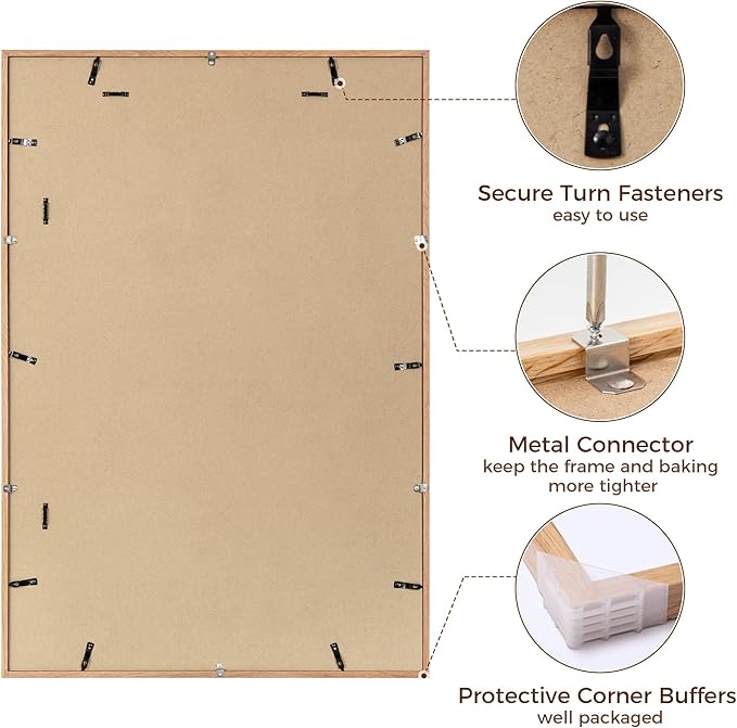 27x40 Picture Frame, Solid Oak Wood 27x40 Poster Frame for Wall, 27 x 40 Frame with Tempered Real Glass, 27x40 Frame with Mat for 24x36, Rustic Wooden 27x40 Art Frame, Natural Oak Color