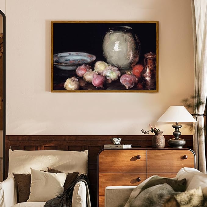 crmotu Framed Canvas Wall Art, Kitchen Still Life Aesthetic Art Prints, Tabletop Onions Vintage Large Artwork, Black Wall Paintings for Living Room Bedroom Gallery Rustic Farmhouse Decor 24x36in