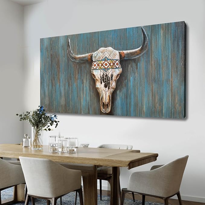 Cow Canvas Wall Art Animal Pictures for Living Room Blue Wall Decor Colorful Artwork Large Poster Prints Arts 24"x48"