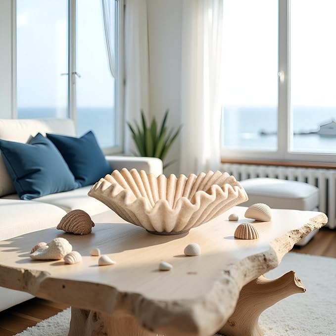 Large Decorative Bowl decor, Scalloped Pedestal Bowls for Modern Home Decor,Ruffle Decor,Stylish Key Bowl for Entry Table,Decorative Fruit Bowl for Kitchen Counter,Beige