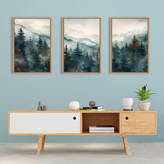 KAIRNE Watercolor Misty Forest Framed Canvas Wall Art Set, Nature Landscape Wall Decor, Foggy Mountain Pine Trees Wall Painting, Jungle Scenery Artwork for Living Room, Bedroom, Office - 16"x24"x3