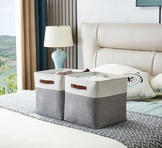 DECOMOMO Storage Cubes, 12x12 Storage Bins, Baskets for Shelves (Grey & White, Cube 12" - 4 Pack)