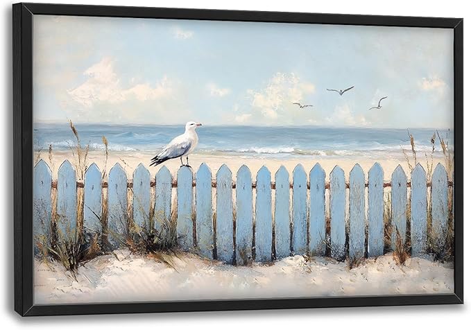 Flintis Large Ocean Beach Framed Wall Art Beach Seagull Pictures Wall Decor Abstract Natural Landscape Canvas Painting Print Artworks Framed for Living Room Bathroom Master Bedroom 36L X 24W