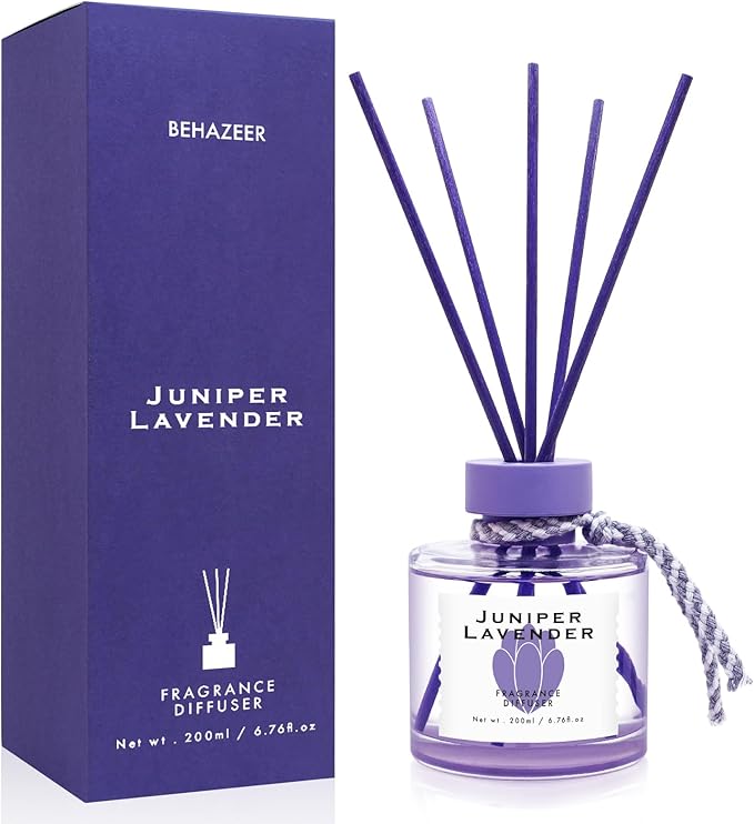Juniper Lavender Reed Diffuser, 6.77OZ/200ML Large Capacity Natural Non-Toxic Oil, Long-Lasting Fragrance Reed Diffusers Set for Home and Bathroom, Aroma with 5 Reed Diffuser Sticks Gifts