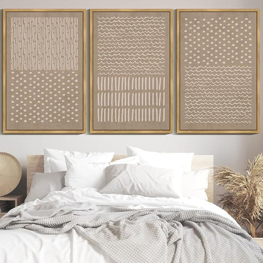 KUVIOKE Boho Mid-Century Modern Wall Art Framed Neutral Retro Minimalist Geometric Prints Rustic Bohemain Artwork Kitchen Dining Room 24x36in (Natural Framed)