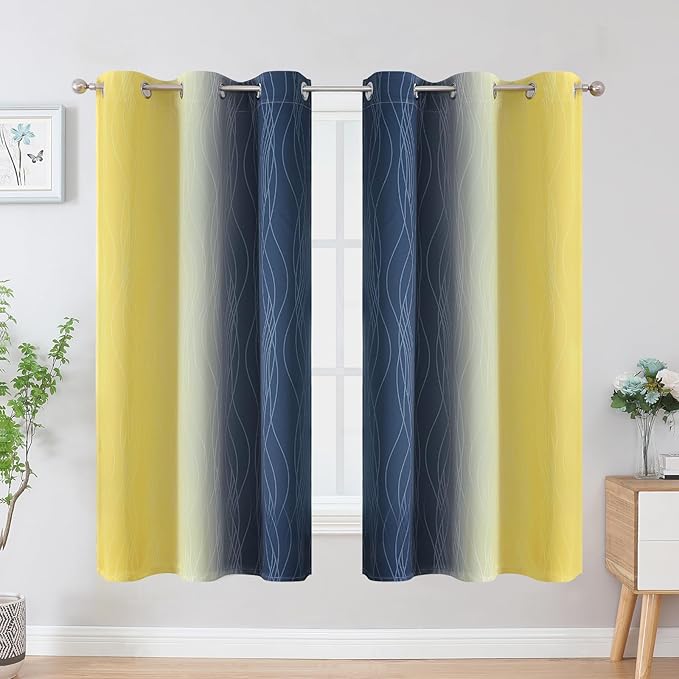 Estelar Textiler Yellow and Navy Blue Blackout Curtains for Boys Bedroom, Full Light Blocking Grommet Ombre Curtains for Living Room, Thermal Insulated Room Darkening Gradient Drapes, 42Wx63L,2 Panels