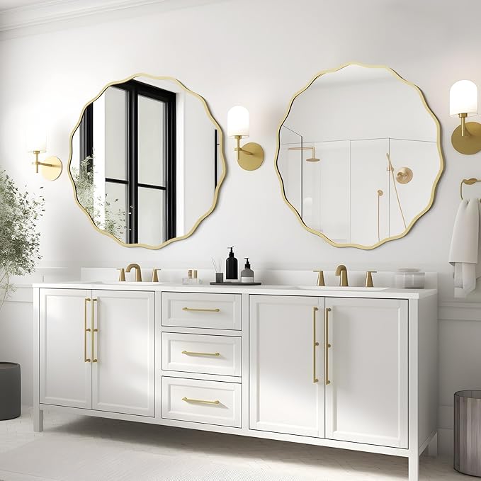 WallBeyond Round Wavy Mirror for Wall Decorative 32 inch, Modern Round Mirror Aluminum Frame for Bathroom Bedroom Living Room Home House Office Entryway, Gold