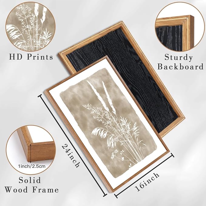 ANHUIB Beige Artwork 16x24 Inch Framed Beige Floral Wall Art Large Neutral Wildflower Wall Decor Vintage Plant Art Prints Set of 3 for Living Room Bedroom Office