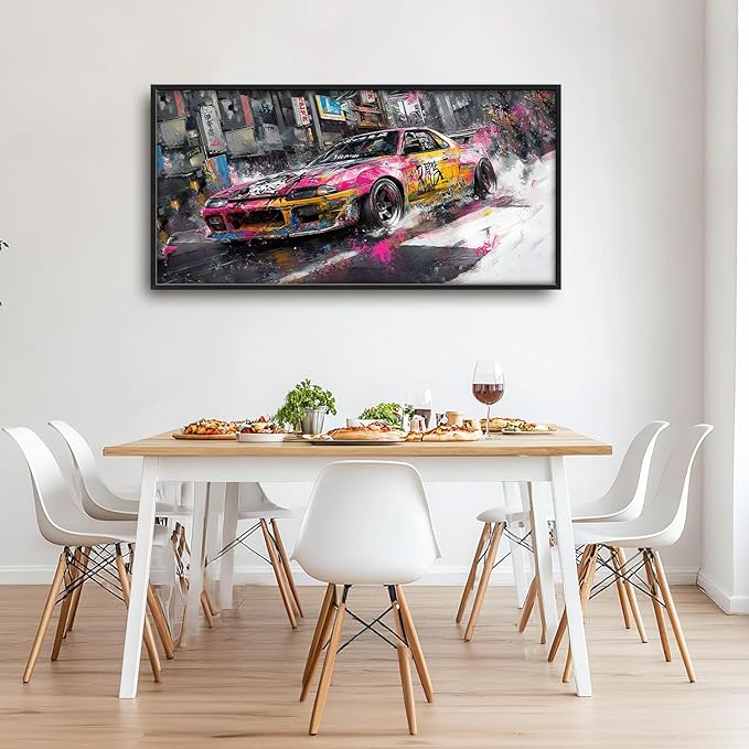 Flintis Large Japanese Graffiti Car Framed Wall Art Racing Car Pictures Wall Decor Abstract Street Racing Canvas Painting Print Artworks Framed for Living Room Bathroom Master Bedroom 60L X 30W
