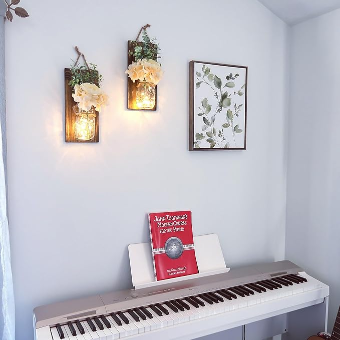 Besuerte Farmhouse Wall Decor for Living Room Rustic Mason Jar Wall Sconces Set of 2 for Home Living Room Bedroom Decorations with Rose Bouquet Flowers and Remote LED Fairy Lights (Large Jacobean)