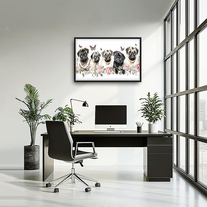 Flintis Large Pug Wall Art Dog Butterfly Pictures Wall Decor Abstract Animal Canvas Painting Print Artwork Decoration Framed for Living Room Bathroom Master Bedroom Office Dining Room 36L x 24W