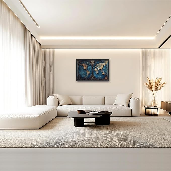 World Map Framed Wall Art for Living Room, Large Map of The World Canvas Wall Decor, Vintage Maps Pictures Painting, Modern Artwork for Office Bathroom Bedroom 36L'' × 24W''