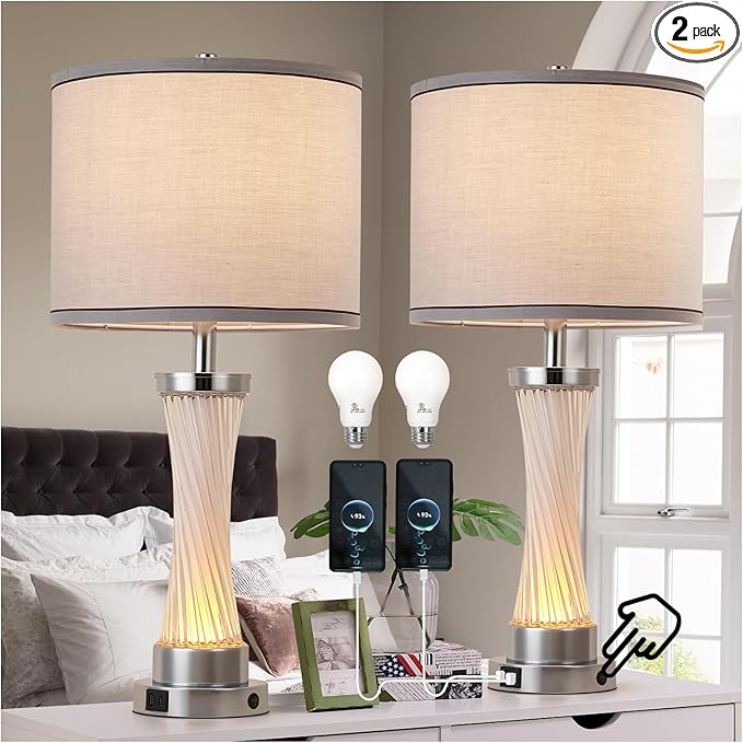 3-Way Dimmable Table Lamp Set of 2,Touch Control Lamp with Night Light,Modern Crystal Table Lamps for Bedroom,Living Room，Bedside Lamps with USB A+C Ports，Fabric Lampshade(Blubs Included)