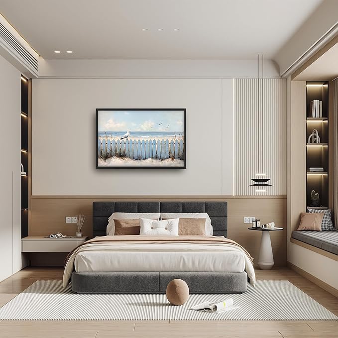 Flintis Large Ocean Beach Framed Wall Art Beach Seagull Pictures Wall Decor Abstract Natural Landscape Canvas Painting Print Artworks Framed for Living Room Bathroom Master Bedroom 36L X 24W