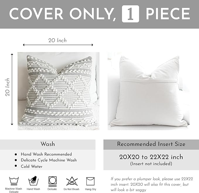 Gray White Decorative Throw Pillow Cover 20X20, Boho Accent Pillow for Couch, Square Modern Farmhouse Pillowcase for Living Room Couch Sofa Cushion Home Décor (Pack of 1)