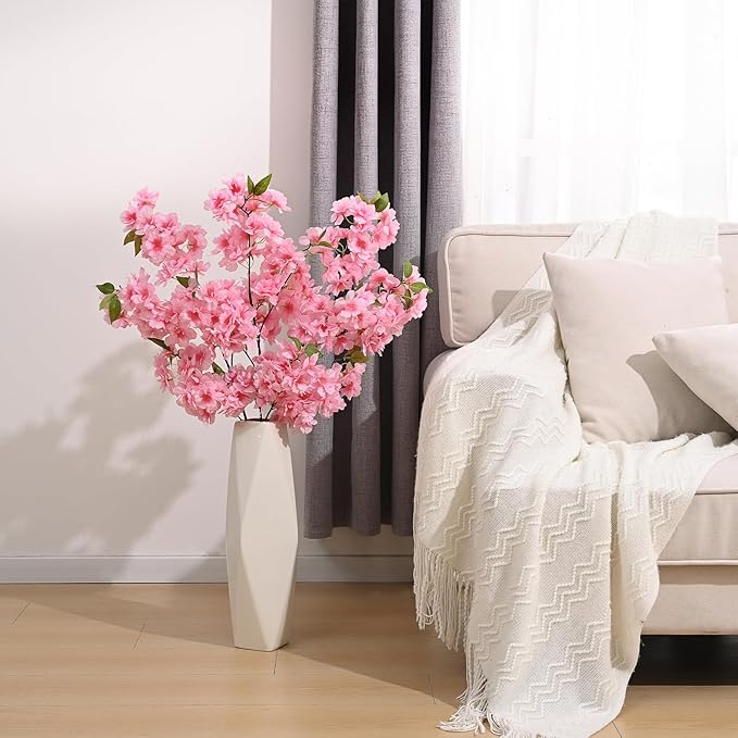 Sunm Boutique Pink Faux Cherry Blossom Branches, Artificial Cherry Blossom Stems Cherry Blossom Flowers Vase Arrangements for Wedding Home Party Kitchen Decor, Set of 3