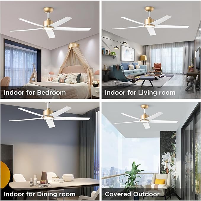ocioc 52 inch Ceiling Fans with Lights and Remote Control Ultra Quiet DC Motor 3 Color Temperatures Modern Ceiling Fan for Bedroom Kitchen Indoor Covered Outdoor Gold