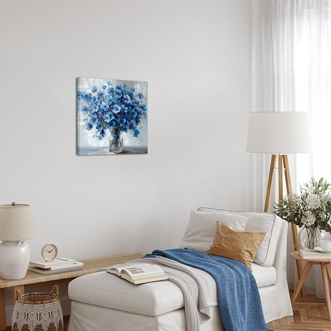 AoArtWZ Flower Canvas Wall Art White and Blue Flowers Pictures Artwork Abstract Floral Rustic Farmhouse Painting Prints for Home Decoration Framed 24" x 24"