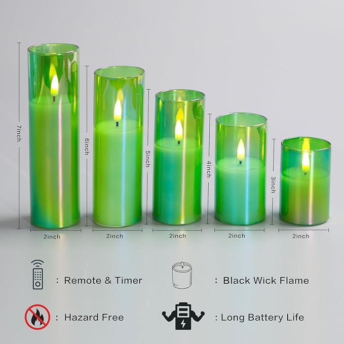 Eywamage Green Glass Flameless Candles with Remote Batteries, Flickering Slim Tall LED Pillar Votive Candles Set of 5