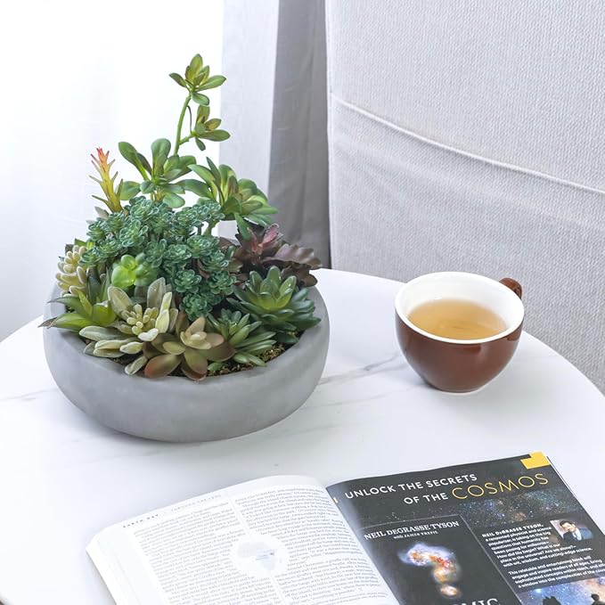 MyGift Assorted Indoor Fake Plants Artificial Succulent Arrangement in Round Gray Cement Planter Pot