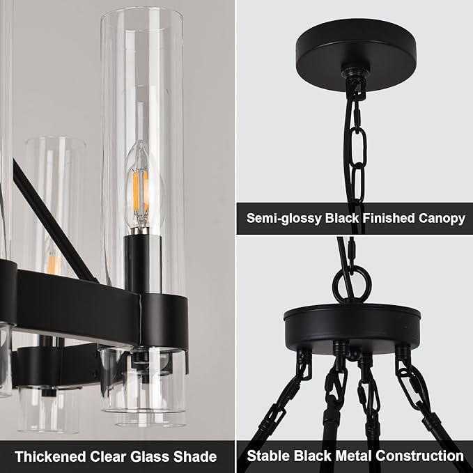 36 Inch Black Wagon Wheel Chandelier with Glass Shade, 12-Lights Farmhouse High Ceiling Chandeliers, Large Round Modern Black Chandeliers for Dining Room Living Room Bedroom Foyer