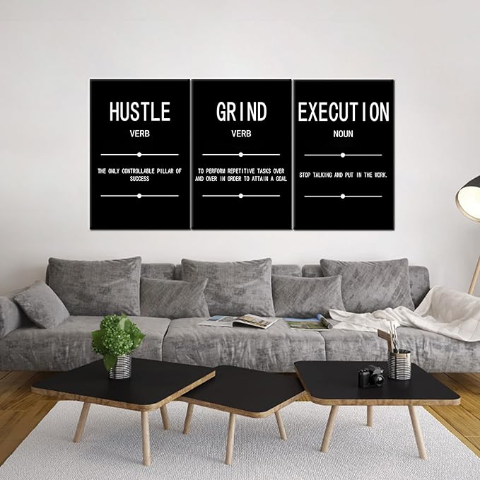 Motivational Wall Art Grind Hustle Execution Noun Poster Inspirational Quotes Painting 3 Pieces Canvas Print Office Decor Inspiring Framed for Wall Art Decoration Ready to Hang [72''Wx 36''H]