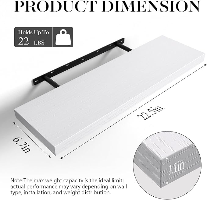 BAYKA White Floating Shelves for Wall, 22.5 inches Wall Mounted Rustic Wood Shelves for Bathroom, Bedroom, Living Room, Floating Shelves for Books/Storage/Decor (Set of 3)