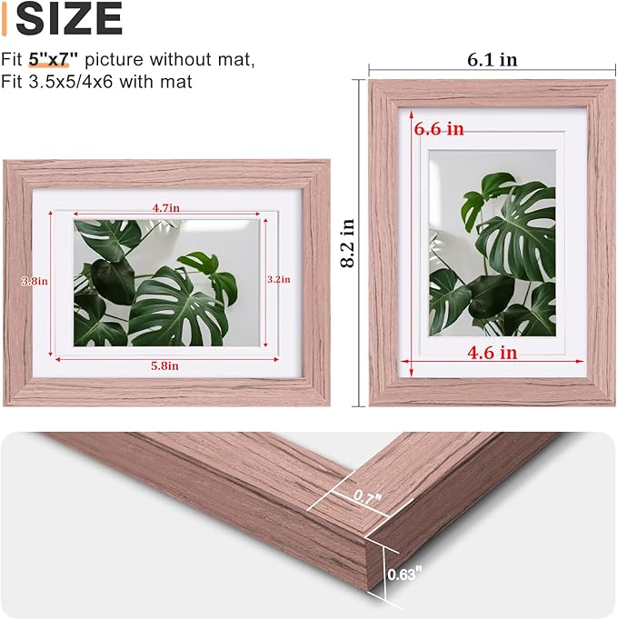Egofine 5x7 Picture Frames Set of 4, Made of Solid Wood Covered by Plexiglass 3.5x5 and 4x6 with Mat or 5x7 without Mat, for Table Top Display and Wall Mounting Photo Frame Peach Pink