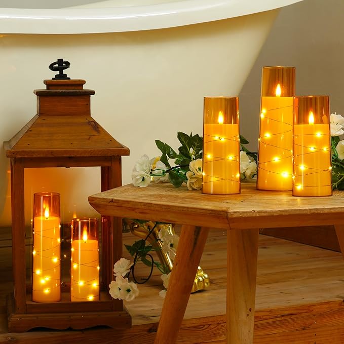 Raycare Flameless LED Candles with Embedded Star String, 5 Pcs Battery Operated Acrylic Pillar Candles with Timer and Remote, Flickering Candle for Romantic Ambiance and Home Decoration(Glod)