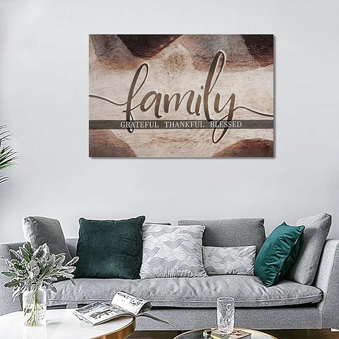 Large Family Wall Art Family Word Sign Pictures Wall Decor Home Quotes Grateful Thankful Blessed Canvas Painting Print Decor Artwork Framed for Living Room Bathroom Master Bedroom Dining Room 24"x16"