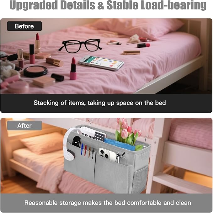 Bedside Caddy Organizer with Fixed Straps, Bunk Bed Caddy ideal for Home, Bunk Bed, Dorm, Hospital, Crib, Versatile Bedside Storage Solution (Grey)
