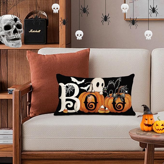 Baccessor Halloween Pillow Cover 12x20 Inch, Black Boo Ghost Spooky Lumbar Pillow Case Halloween Decor for Cushion Sofa Couch Indoor Outdoor Decoration 1 Piece