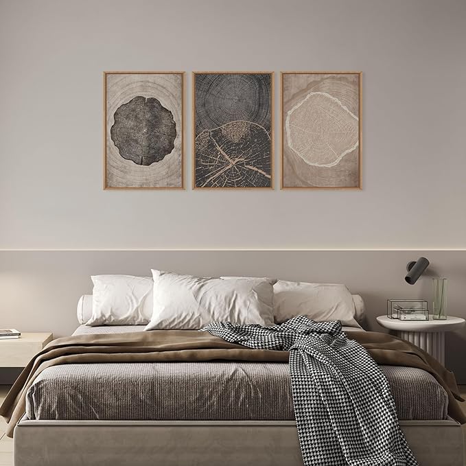 HOURIA Neutral Brown Tree Rings Framed Canvas Wall Art Set,Modern Beige Tan Wood Stump Wall Decor,Vintage Abstract Tree Spiral Art Print,Nature Black Artwork for Living Room,Bedroom,Office- 16"x24"x3
