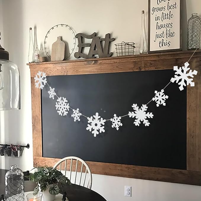 Christmas Decorations-Wooden Small & Big Snowflake Banner for Christmas Decor-Winter White Snowflake Garland for Home Office Party Fireplace Mantle Windows Shelf Farmhouse Decor