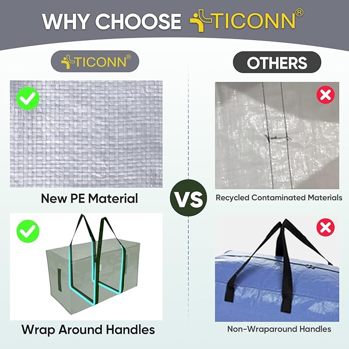 TICONN 4 Pack Extra Large Moving Bags with Zippers & Carrying Handles, Heavy-Duty Storage Tote Moving Boxes for Space Saving (4 Pack, Olive)